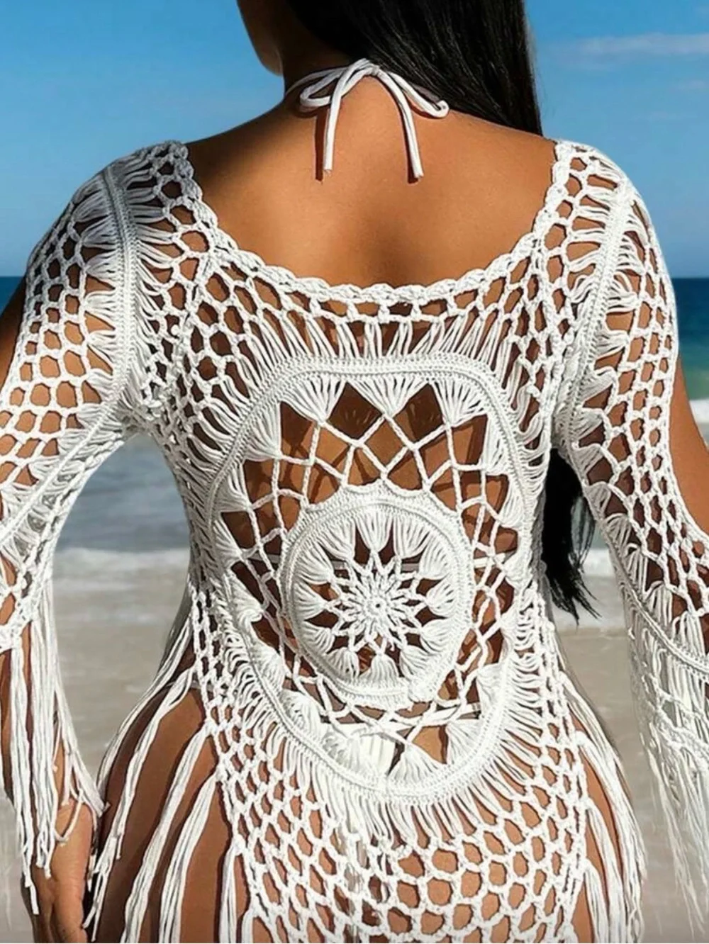 NWOT-White Crochet Fringe Beach Cover-Up Tunic, never worn